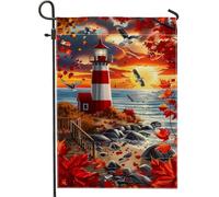 Bandiera da giardino autunnale con faro, bandiera rossa decorativa costiera, bandiera su entrambi i lati in iuta per decorazione esterna del prato 30,5 x 45,7 cm