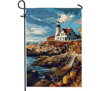 Bandiera da giardino autunnale con faro costiero, bandiera blu scenica per la decorazione della casa, in tessuto su entrambi i lati, decorazione stagionale per esterni, 30,5 x 45,7 cm