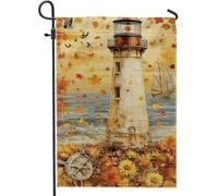 Bandiera da giardino autunnale con faro costiero, girasoli e foglie cadenti, decorazione decorativa per esterni, cortile, arancione, 30,5 x 45,7 cm