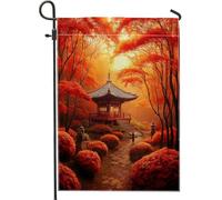 Bandiera da giardino autunnale con foglie d'acero, pagoda giapponese rossa vivace, decorazione per esterni, striscione su entrambi i lati, per la decorazione stagionale della casa, 30,5 x 45,7 cm