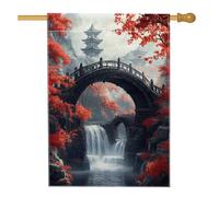 Bandiera da giardino autunnale con foglie rosse, ponte giapponese, cascata, striscione decorativo per esterni, bandiera da cortile in tessuto su entrambi i lati, per la decorazione della casa