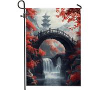 Bandiera da giardino autunnale con foglie rosse, ponte giapponese, cascata, striscione decorativo per esterni, bandiera da cortile in tessuto su entrambi i lati, per la decorazione della casa