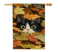 Bandiera da giardino autunnale con gatto bianco e nero con foglie colorate, decorazione per esterni, striscione in iuta su entrambi i lati, per decorazione autunnale stagionale del prato, 71 x 101 cm