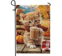 Bandiera da giardino autunnale con gatto, gattino arancione con caffè, striscione decorativo per la casa, bandiera da giardino in iuta su entrambi i lati, decorazione stagionale per esterni, 30,5 x