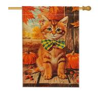 Bandiera da giardino autunnale con gatto, gattino arancione con papillon verde, striscione decorativo per la casa, bandiera da giardino in iuta su entrambi i lati, decorazione per esterni, 71 x 101 cm