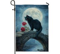 Bandiera da giardino autunnale con gatto, misterioso design al chiaro di luna con rosa rossa, bandiera decorativa da cortile su entrambi i lati, per Halloween, decorazione per prato all'aperto, 30,5 x