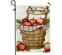 Bandiera da giardino autunnale con mele rosse, cestino in legno per la casa, bandiera a doppia faccia in iuta per cortile, decorazione stagionale per esterni, 30,5 x 45,7 cm