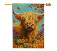 Bandiera da giardino autunnale con mucca delle Highland, zucche arancioni e fiori viola, decorazione per la casa, bandiera da giardino in iuta su entrambi i lati, decorazione per esterni, 71 x 101 cm
