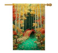 Bandiera da giardino autunnale con ponte rosso, striscione decorativo per esterni con foglie autunnali colorate, in tessuto su entrambi i lati, design per il raccolto stagionale, perfetta per la
