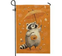 Bandiera da giardino autunnale con procione di Halloween, striscione arancione carino con animali, bandiera da cortile in iuta su entrambi i lati, per decorazione esterna del prato, 30,5 x 45,7 cm