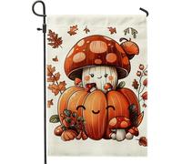 Bandiera da giardino autunnale con zucca, con funghi e foglie arancioni, decorazione per esterni, in iuta su entrambi i lati, per celebrazioni autunnali del raccolto 30,5 x 45,7 cm
