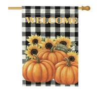 Bandiera da giardino autunnale con zucca e girasole, arancione e nero a scacchi benvenuto per esterni, bandiera da giardino in iuta su entrambi i lati, decorazione stagionale per prato, 71 x 101 cm