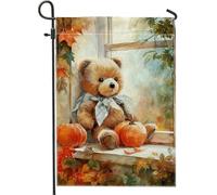 Bandiera da giardino autunnale con zucca e orso, accogliente decorazione marrone in peluche, striscione autunnale stagionale per prato all'aperto, graziosa decorazione per la casa per festival del