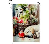 Bandiera da giardino autunnale, decorazione per esterni con cuccioli colorati e cesto di frutta, striscione in iuta su entrambi i lati per la decorazione della casa autunnale, 30,5 x 45,7 cm