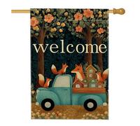 Bandiera da giardino autunnale di benvenuto, decorazione floreale per esterni con camion blu e volpi, striscione in iuta su entrambi i lati, decorazione autunnale per la casa per feste sul prato, 71 x