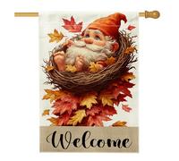 Bandiera da giardino autunnale di benvenuto, foglie di nidificazione di gnomi arancioni, decorazione per esterni, striscione in iuta su entrambi i lati, per decorazione autunnale del prato, 71 x 101
