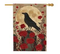 Bandiera da giardino autunnale di Halloween, con rose rosse e corvo nero, decorazione per esterni, bandiera in iuta su entrambi i lati, decorazione stagionale per prato, 71 x 101 cm