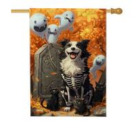 Bandiera da giardino autunnale di Halloween, con simpatico cane scheletro arancione con fantasmi e gatti, decorazione per esterni, striscione in iuta su entrambi i lati per decorazione per feste
