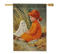 Bandiera da giardino autunnale di Halloween, motivo fantasma arancione e ragazza, bandiera decorativa per la casa, in iuta su entrambi i lati, decorazione per esterni, 71 x 101 cm