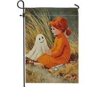 Bandiera da giardino autunnale di Halloween, motivo fantasma arancione e ragazza, bandiera decorativa per la casa, in iuta su entrambi i lati, decorazione per giardino, 30,5 x 45,7 cm