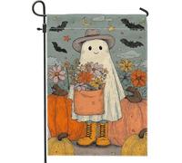 Bandiera da giardino autunnale di Halloween, simpatico fantasma con fiori e zucche, decorazione per esterni, striscione in iuta su entrambi i lati per celebrazione autunnale 30,5 x 45,7 cm