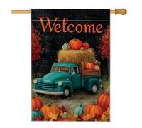 Bandiera da giardino autunnale e vintage, turchese con zucche e fieno, decorazione per la casa, in tessuto su entrambi i lati, decorazione stagionale per esterni, 71 x 101 cm