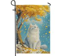 Bandiera da giardino autunnale, gatto bianco sotto l'albero giallo, decorazione autunnale da cortile, bandiera da esterno in iuta su entrambi i lati, per la decorazione della casa, 30,5 x 45,7 cm