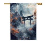 Bandiera da giardino autunnale giapponese Torii Gate, foglie d'acero arancione e nebbia, decorazione per esterni, bandiera da cortile su entrambi i lati per celebrazione autunnale 71 x 101 cm