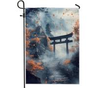Bandiera da giardino autunnale giapponese Torii Gate, foglie d'acero arancione e nebbia, decorazione per esterni, bandiera da cortile su entrambi i lati per celebrazione autunnale 30,5 x 45,7 cm