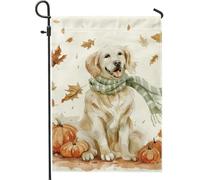 Bandiera da giardino autunnale Golden Retriever, simpatico cane con sciarpa, decorazione per esterni, bandiera da cortile in iuta su entrambi i lati, decorazione per feste del Ringraziamento, 30,5 x