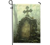 Bandiera da giardino autunnale per cimitero di Halloween, croce nebbiosa lapide decorazione per la casa da cortile, doppia faccia in poliestere decorazione per prato esterno 30,5 x 45,7 cm
