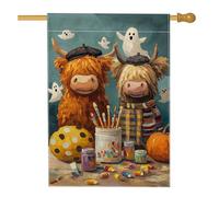 Bandiera da giardino autunnale per Halloween, mucca delle Highland, fantasmi arancioni e zucca, striscione decorativo per la casa, bandiera da giardino in iuta su entrambi i lati, decorazione per
