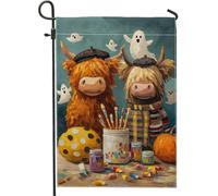 Bandiera da giardino autunnale per Halloween, mucca delle Highland, fantasmi arancioni e zucca, striscione decorativo per la casa, bandiera da giardino in iuta su entrambi i lati, decorazione per