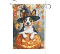 Bandiera Da Giardino Basenji Leaning Over The Scary Pumpkin, Halloween Fall Autumn Bandiera Verticale Colore Vivido Garden Flag Durevole Bandiera Da Cortile Per Feste Esterno 30X45CM