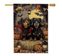 Bandiera da giardino bassotto di Halloween, cani neri e marroni con zucche e lanterne, striscione da cortile in iuta su entrambi i lati, decorazione natalizia per prato all'aperto 71 x 101 cm