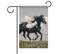 Bandiera da giardino "Benvenuto" con cavalli bianchi e neri che corrono, bandiera da giardino floreale primaverile ed estiva, 30x45 cm, decorazione da esterno bifacciale per la primavera, l'inverno