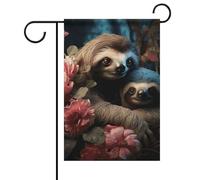 Bandiera da giardino "Benvenuto", con scritta "Un bradipo e un cucciolo di bradipo", per giardino primaverile ed estivo, floreale, 12x18 pollici, decorazione da esterno bifacciale per la primavera,