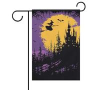 Bandiera da giardino "Benvenuto Strega e Scopa" con motivo floreale primaverile ed estivo, 30x45 cm, decorazione da esterno bifacciale per primavera, inverno e fattoria, resistente allo sbiadimento