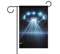 Bandiera da giardino "Benvenuto UFO Spaceship" per primavera ed estate, floreale, 12x18 pollici, decorazione da esterno bifacciale per primavera, inverno e fattoria, resistente allo sbiadimento e fa