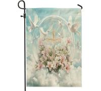 Bandiera da giardino bianca e croce, decorazione per esterni a tema floreale primaverile, striscione per la casa su entrambi i lati per Pasqua e celebrazioni religiose, bella decorazione da cortile