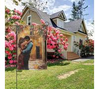 Bandiera da giardino bifacciale con dipinto a olio raffigurante una coppia di strada che si abbraccia, decorazione da esterno per cortile, 28x40 pollici