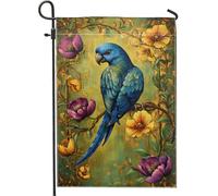 Bandiera da giardino blu brillante a forma di pappagallo, bandiera floreale tropicale colorata per decorazione della casa, bandiera double face in tela di iuta, decorazione del prato, perfetta per