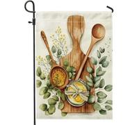 Bandiera da giardino botanico per cucina, primavera, estate e autunno, con erbe floreali gialle verdi e in legno, bandiera da cortile, accogliente bandiera in stile rustico per decorazioni all'aperto