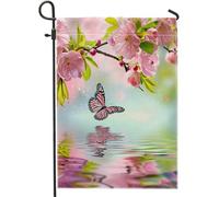 Bandiera Da Giardino Butterfly Cherry Flower Water Reflection Spring Natural Pink Bandiere Decorative Resistente Al Sole Garden Flag Durevole Bandiera Da Cortile Per Feste Celebrazioni 30X45CM