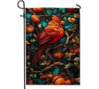 Bandiera da giardino cardinale autunnale, decorazione da giardino con uccelli rossi vivaci e zucca, decorazione da giardino su entrambi i lati, stile vetro colorato per esterni, decorazione natalizia