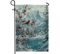 Bandiera da giardino cardinale, con bacche e montagne innevate in iuta rossa invernale su entrambi i lati, piccola bandiera da giardino per esterni, patio, prato, portico, ingresso, campeggio, 30,5 x