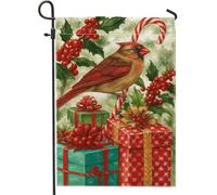Bandiera da giardino cardinale di Natale, uccello rosso con agrifoglio e regali, decorazione per esterni, striscione da cortile in iuta su entrambi i lati, per decorazione del prato delle vacanze