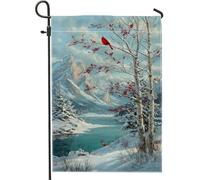 Bandiera da giardino cardinale, paesaggio invernale di betulla montagna invernale rossa su entrambi i lati, bandiere decorative per esterni, patio, prato, portico anteriore, balcone, 30,5 x 45,7 cm