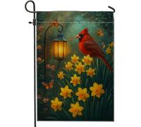 Bandiera da giardino cardinale primaverile ed estiva, rosso brillante con narcisi e farfalle, bandiera decorativa per esterni, bandiera da cortile in iuta su due lati per decorazione del prato 30,5 x