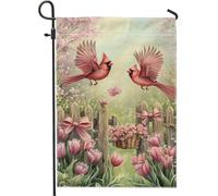 Bandiera da giardino cardinale rossa primavera estate tulipani pesci, bandiere decorative da esterno, double face, tela di iuta, decorazione per la casa, decorazione del cortile di vacanza, 30,5 x